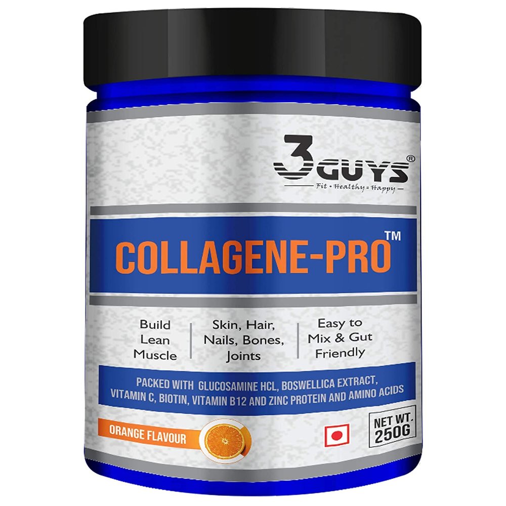 3 Guys Collagene-Pro Formulated Protein powder for Joint Relief | Hydrolyzed Collagen Peptide Powder | Glucosamine HCL | Boswellica , Curcumin , Biotin | Vitamin C | Vitamin B12 | And Zink | Orange Flavored, 250 g
