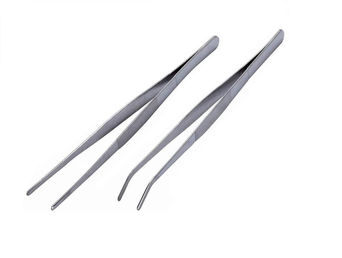 Chenshuo Long Handle Stainless Steel Straight and Curved Tweezers Nippers,Silver,2 Pieces