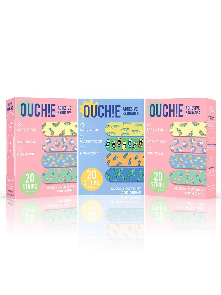 Aya Papaya Ouchie Non-Toxic Printed Bandages Combo Set Of 3 (3 X 20= 60 Pack)- (2 X Pink & 1 Blue)