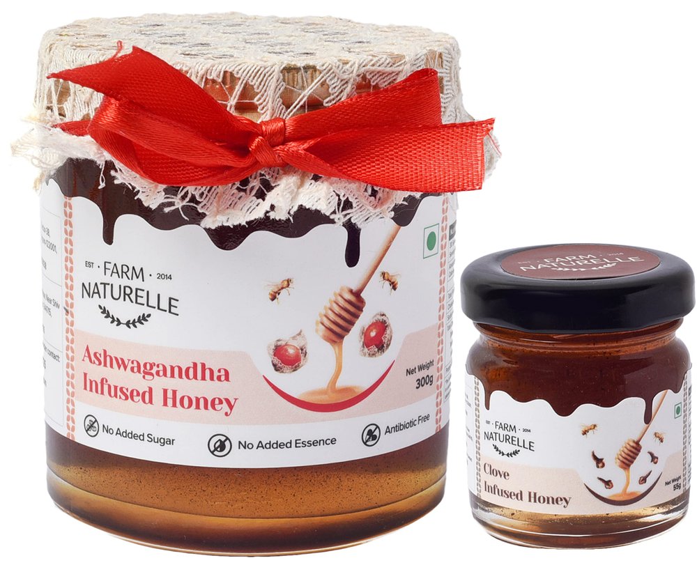 Farm Naturelle-Real Ashwagandha Forest Honey and Real Ginger Infused Forest Honey (55Gms) Combo-Immense Medicinal Value-300gm