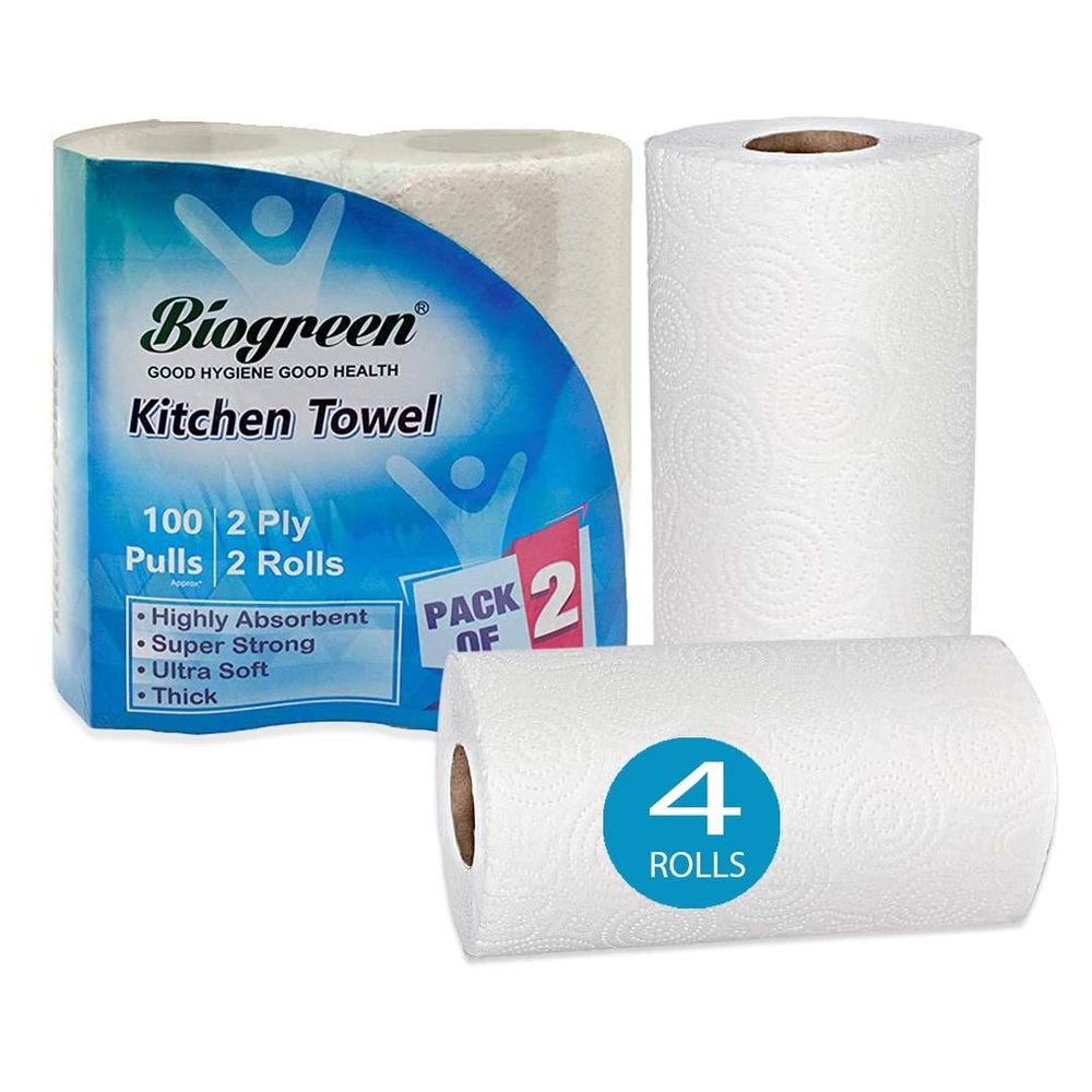 Biogreen Kitchen Paper Tissue/Towel 2 ply 100 Sheets Per Roll pack of 2 each | Pack of 4 Rolls | 100 X 4 = 400 Sheets