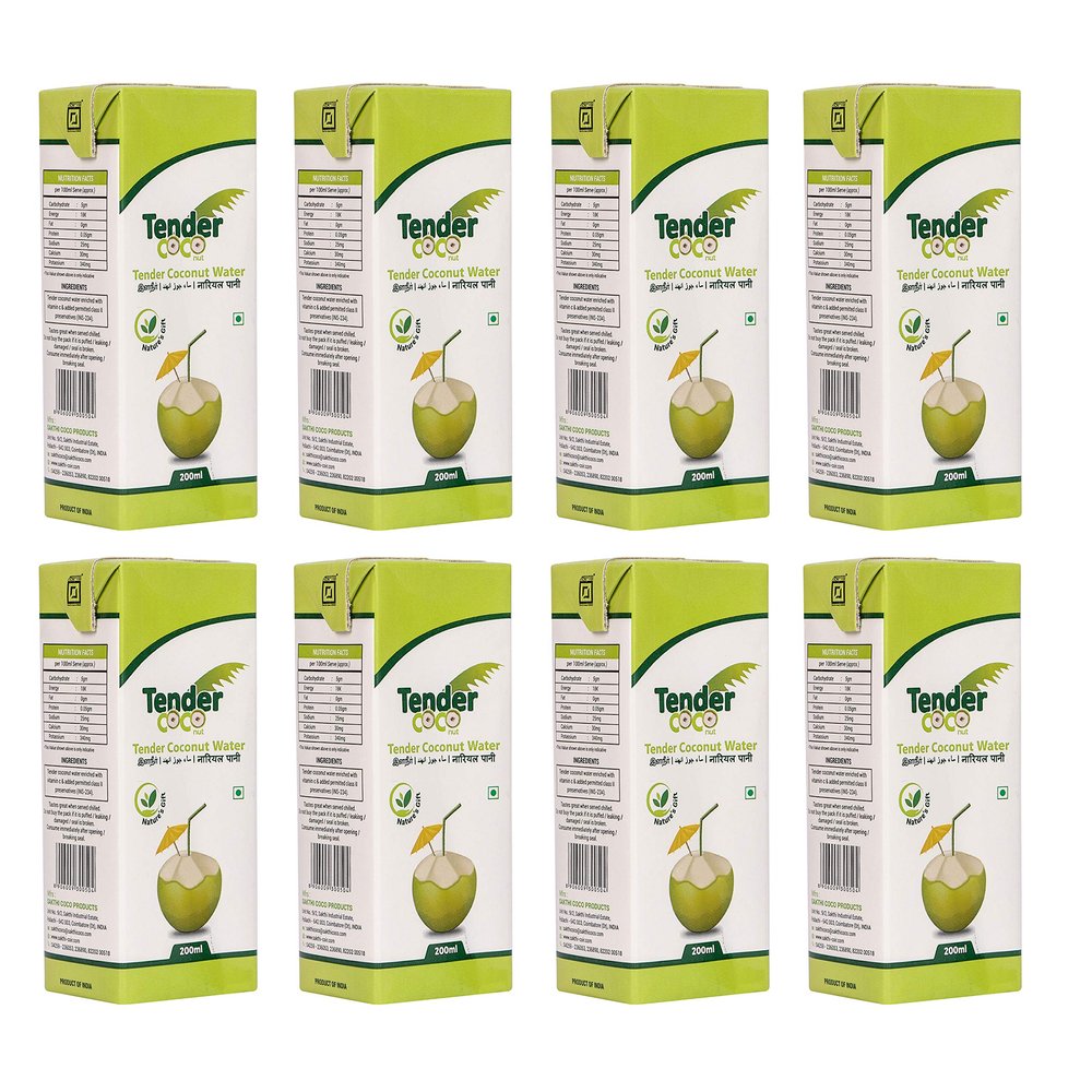Tender COCO 100% Natural Tender Coconut Water, Tetra Pack 200ml (Pack of 8)