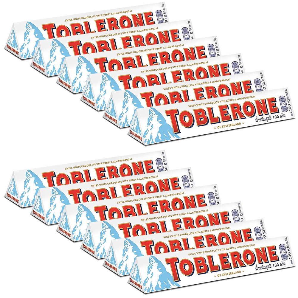 Toblerone of Switzerland White Chocolate with Honey and Almond Nougat - 12 Pack, 12 X 100 g