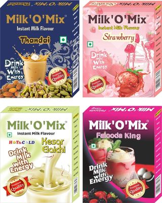 Milk'O'Mix Thandai/Strawberry/Kesar Elaichi and Flalooda King Instant Milk Flavour Drink Milk with Energy Box - 150 g Each (Pack of 4)