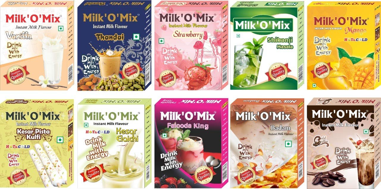 Milk'O'Mix Vanilla/Thandai/Strawberry/Mango/Kesar Pista Kulfi/Kesar Elaichi/Falooda King/Shikanji Masala/Badam/Chocolate Instant Milk Flavour Drink Milk with Energy Box - 150g Each (Pack of 10)