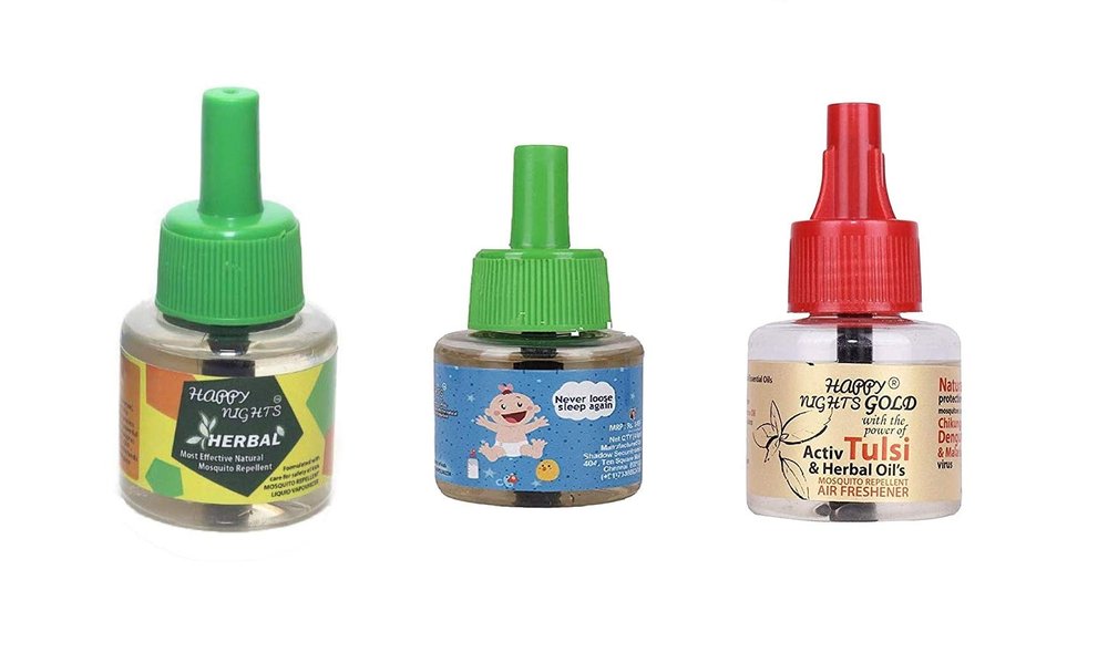 Happy Nights Combo of Gold Tulsi, Lemon Orange and Eucalyptus Oil Based Mosquito Vaporizer Set of 3 (45 ml Each)