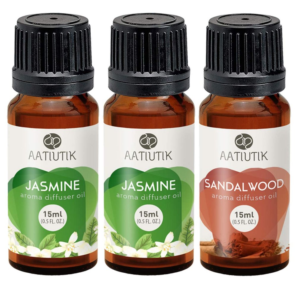Aatiutik Essential anti bacterial Aroma Oil Diffuser for Home Electric and Tlight Diffuser | Home fragrance | Jasmine and Sandalwood for Home Office Spa Hotel - set of 3, 15 ML Each