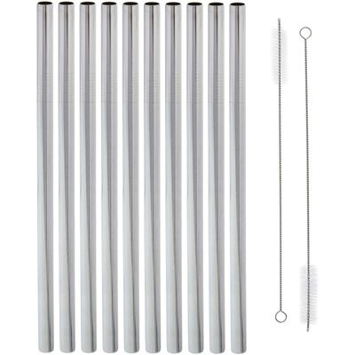 Okuna Outpost 10 Extra Wide Boba Straws with 2 Cleaning Brushes, Reusable Metal (12 Pieces)