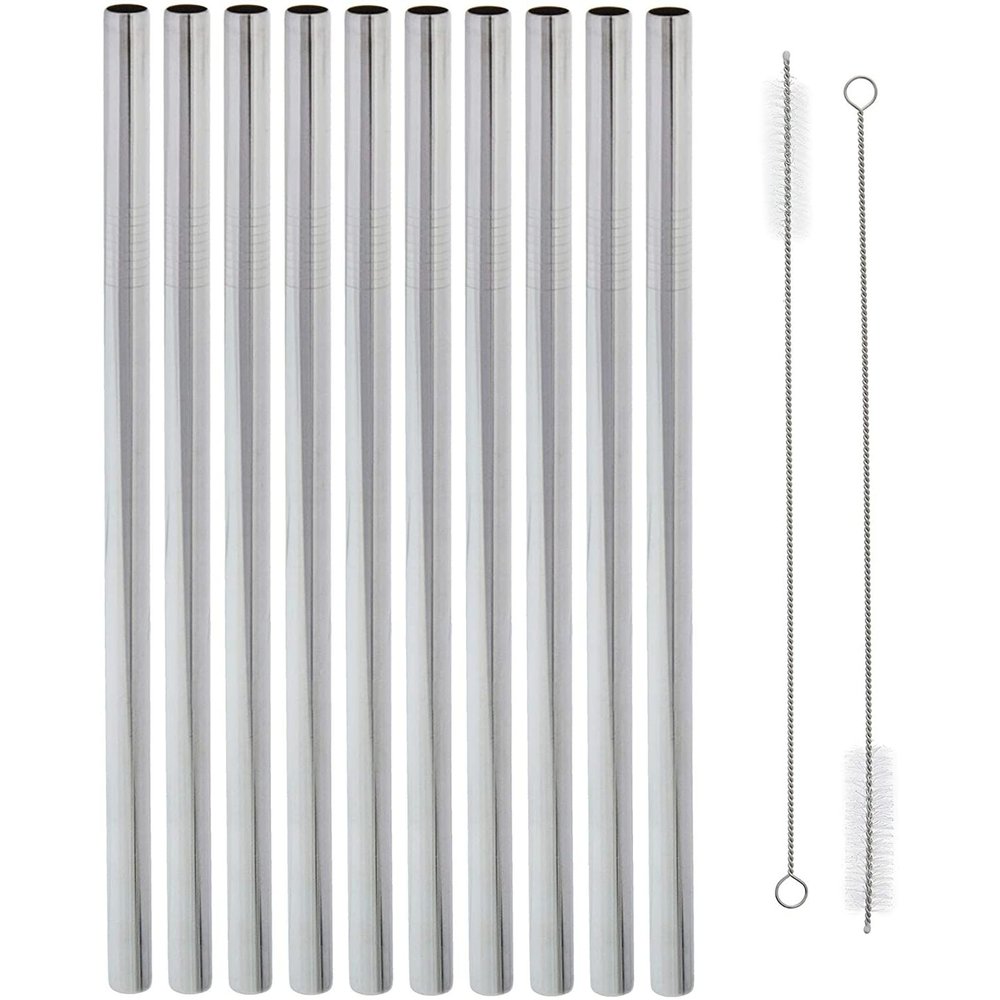 Okuna Outpost 10 Extra Wide Boba Straws with 2 Cleaning Brushes, Reusable Metal (12 Pieces)