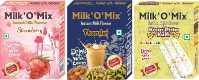 Milk'O'Mix Strawberry,Thandai And Kesar Pista Kulfi Instant Milk Flavour Drink Milk with Energy Box - 150 g Each (Pack of 2)