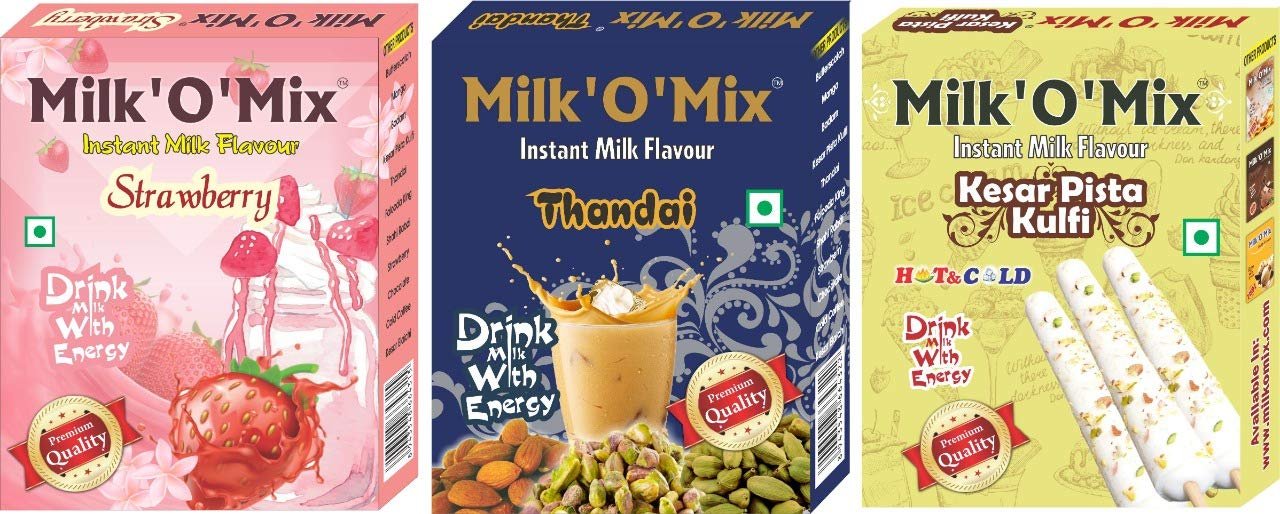 Milk'O'Mix Strawberry,Thandai And Kesar Pista Kulfi Instant Milk Flavour Drink Milk with Energy Box - 150 g Each (Pack of 2)