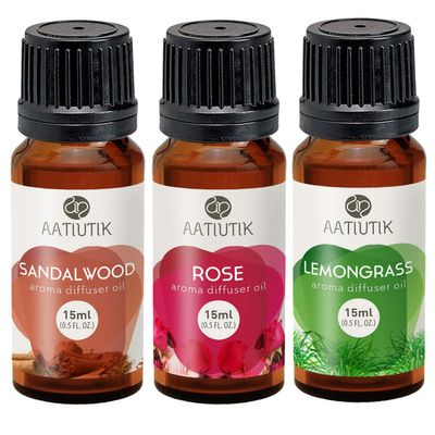 Aatiutik Essential anti Bacterial Aroma Oil Diffuser for Home Electric and Tlight Diffuser | Home fragrance | Sandalwood Lemongrass & Rose Aroma Diffuser Oil - set of 3, 15 ML Each