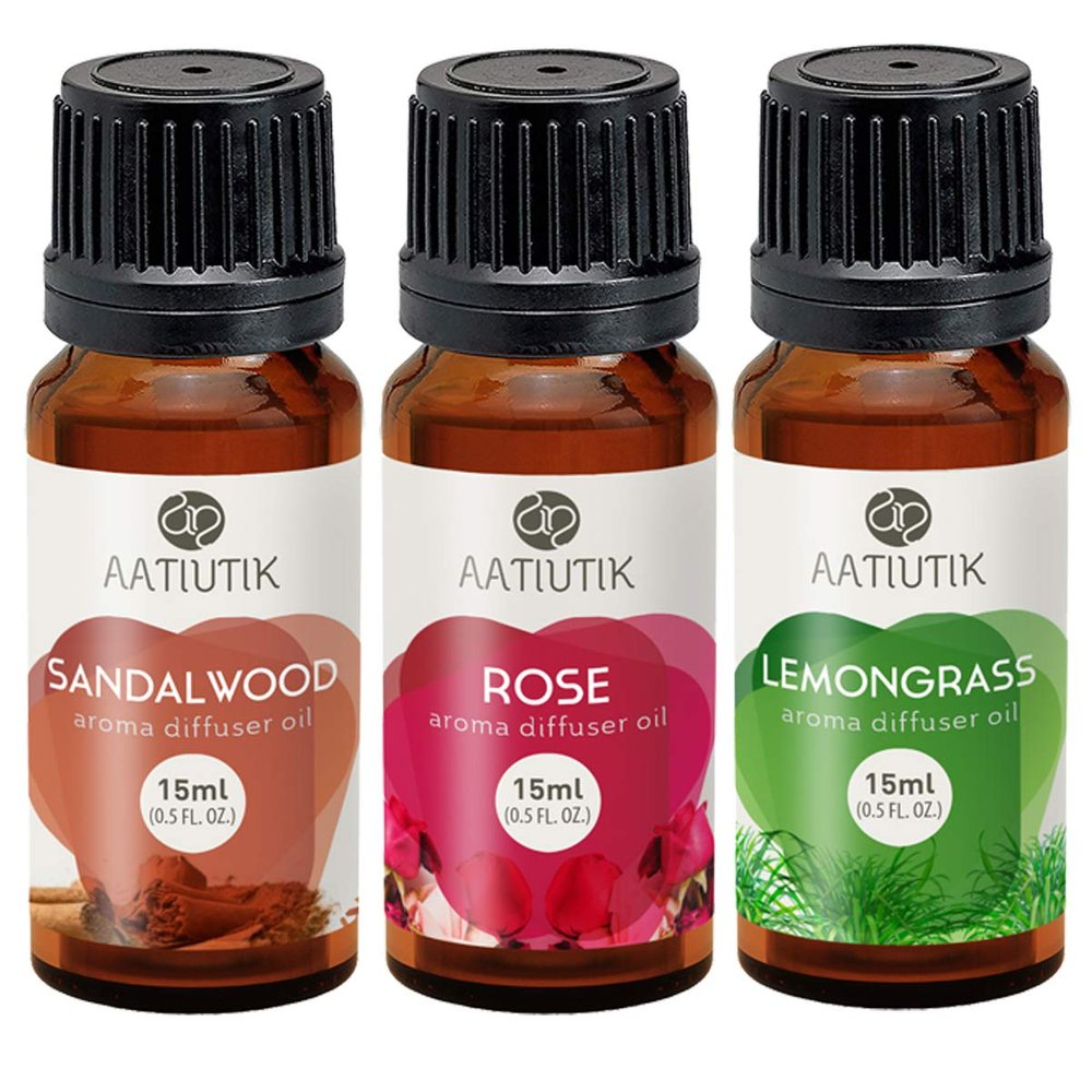 Aatiutik Essential anti Bacterial Aroma Oil Diffuser for Home Electric and Tlight Diffuser | Home fragrance | Sandalwood Lemongrass & Rose Aroma Diffuser Oil - set of 3, 15 ML Each