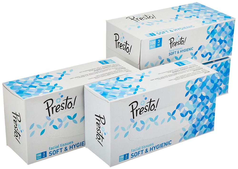Amazon Brand - Presto! Premium 3 Ply Facial Tissues Box | 400 Pulls | 100 Pulls X 4 Cartons | Soft And Highly Absorbent | 100% Natural Virgin Cellulose Fiber