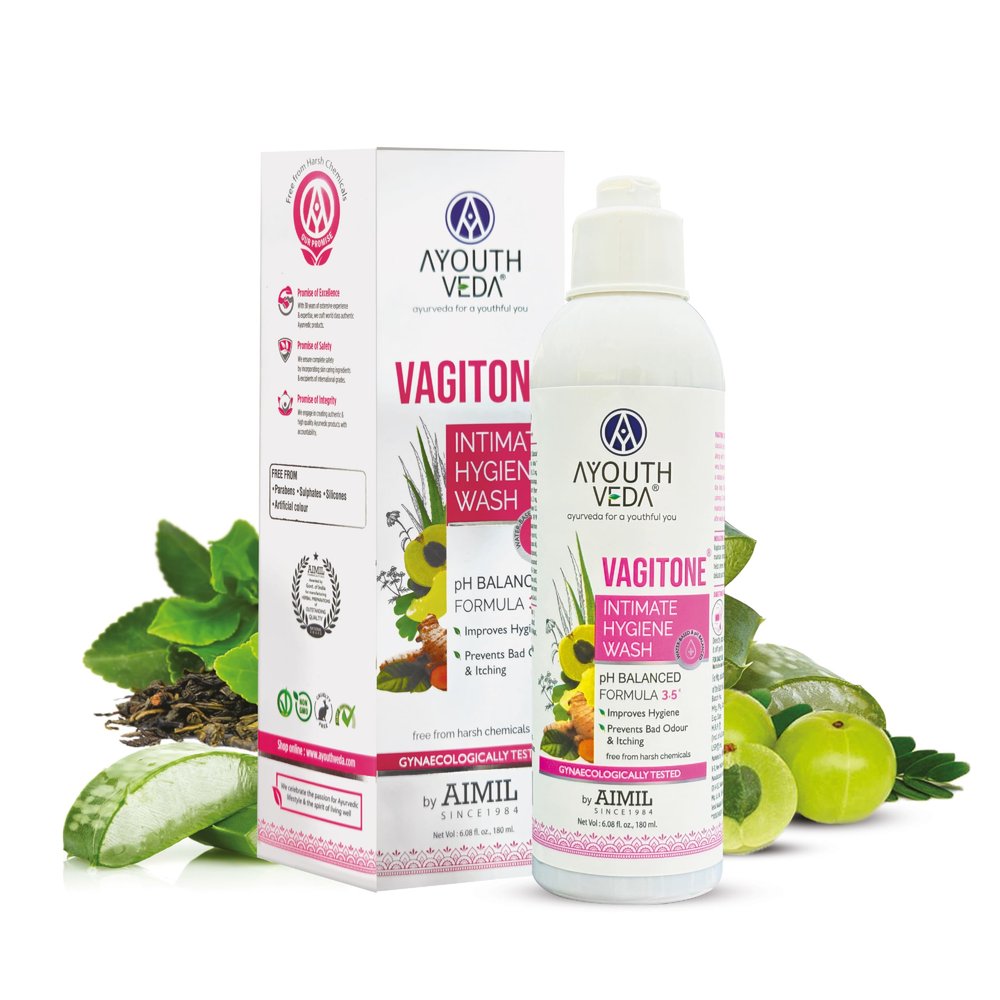 Ayouthveda Vagitone Intimate Hygiene Wash For Women | Enriched With Aloe Vera, Amla & Green Tea | PH Balancing Formula, Prevents Dryness, Itchiness & Bad Odor 180ml