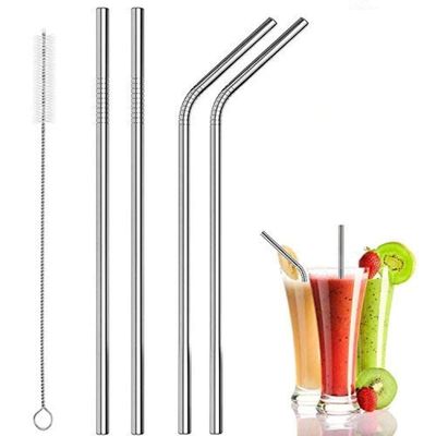 DPISZONE Reusable Stainless Steel Metal Straws with Brush. Metal Straws BPA-Free,Thick, Long, Dishwasher Safe Set for Drinking Juice Straw (2 Bent + 2Straight +1 Brush)