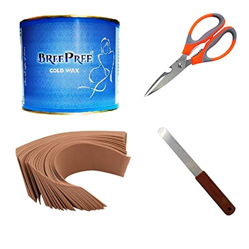 BREEPREE Full Body Hair Removal Waxing Kit Combo- Wax (600 g) + Non-Woven Brown Waxing Strips (30) + Wax Applicator Knife and Multipurpose Kitchen Household and Garden Scissor (Cold)