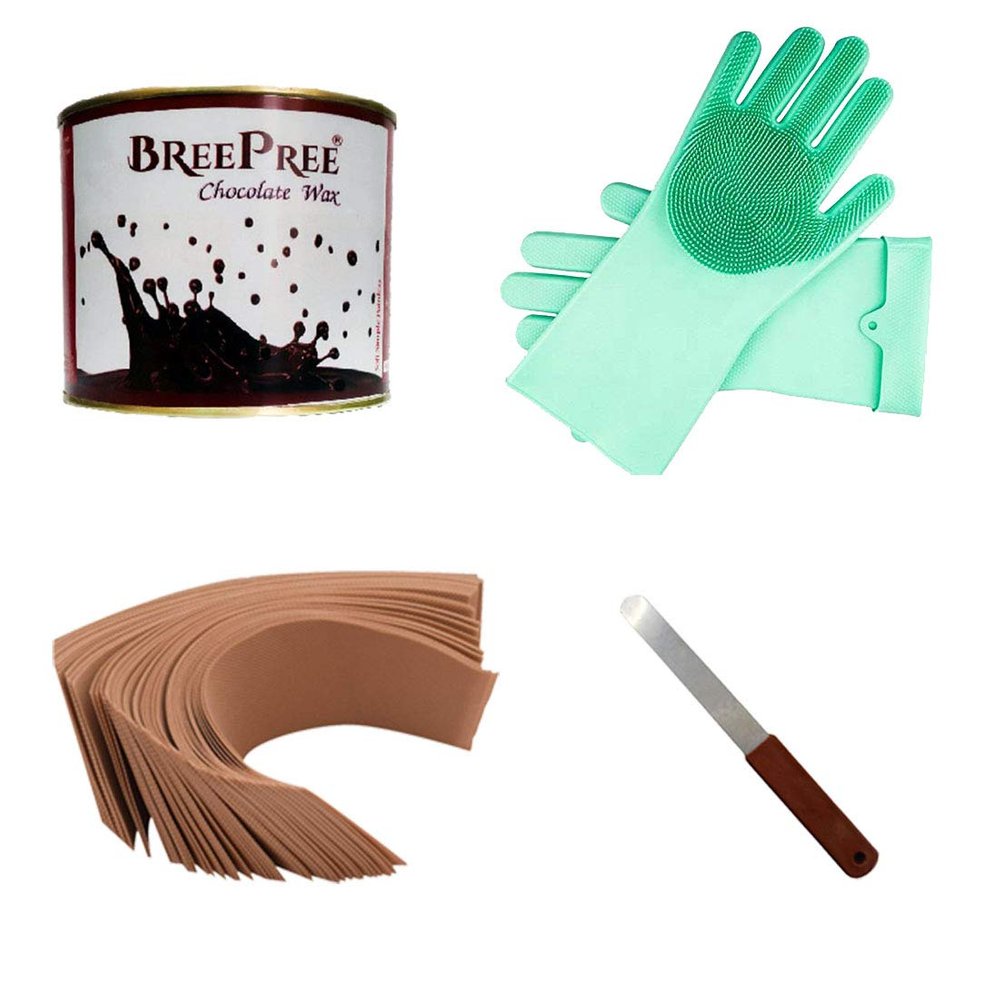 BREEPREE Hair Removal Waxing Kit Combo- Chocolate Wax(600 g) +Non-Woven Brown Waxing Strips (30) + Wax Applicator Knife and Multi-Use Silicon Scrubber Gloves (Multi-color, 1 pair) (Chocolate)
