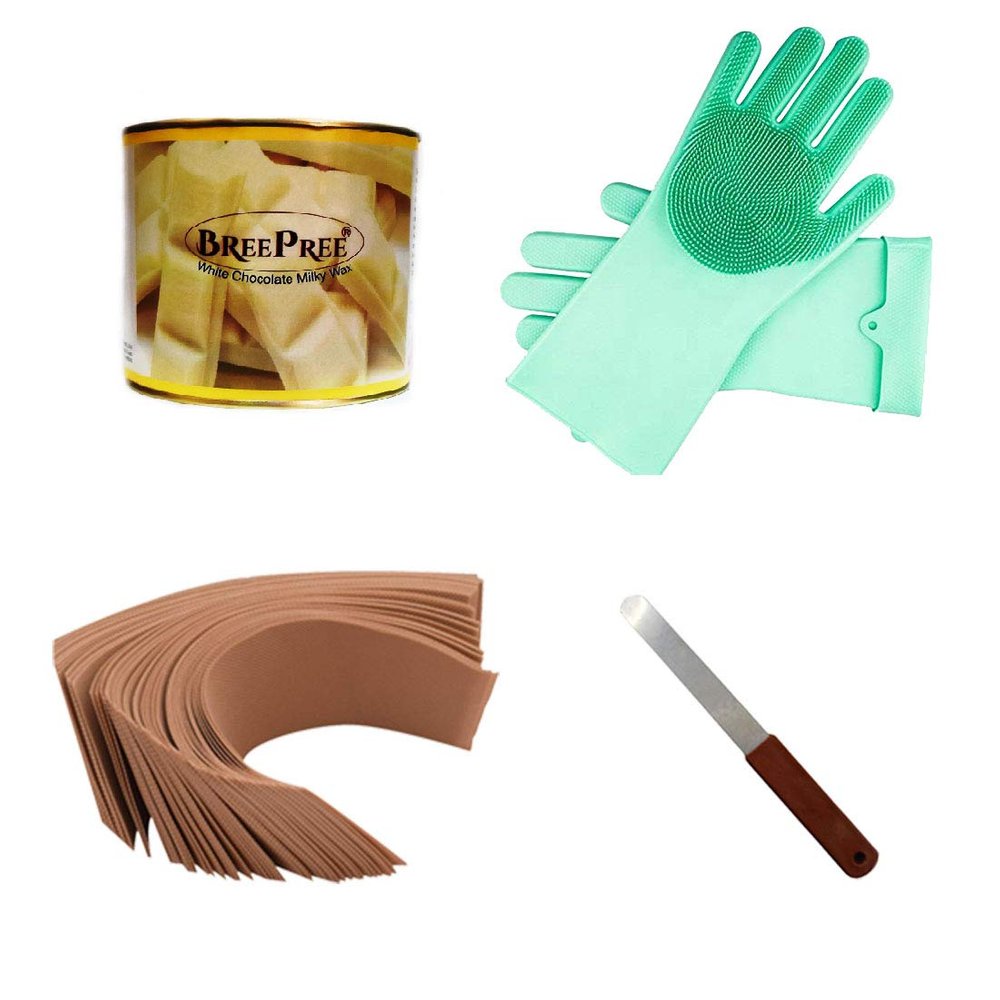 BREEPREE Hair Removal Waxing Kit Combo- Chocolate Wax(600 g) +Non-Woven Brown Waxing Strips (30) + Wax Applicator Knife and Multi-Use Silicon Scrubber Gloves (Multi-color, 1 pair) (White Chocolate)