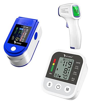 DR VAKU 3in1 Combo Fingertips Pulse Oximeter with Four Color TFT Display FDA Approved Blood Pressure Monitor | 1x Non-Contact LCD Display Infrared Digital Forehead Thermometer | Blue & White