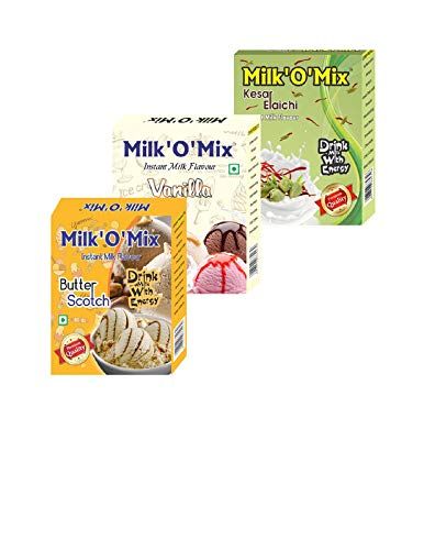 Milk'O'Mix Kesar cardamom and Vanilla and Butter Scotch Instant Milk Flavour Drink Milk with Energy Box - 150 g Each (Pack of 3)