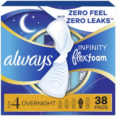 Always Infinity Feminine Pads for Women, Size 4 Overnight, with wings, unscented, 38 Count