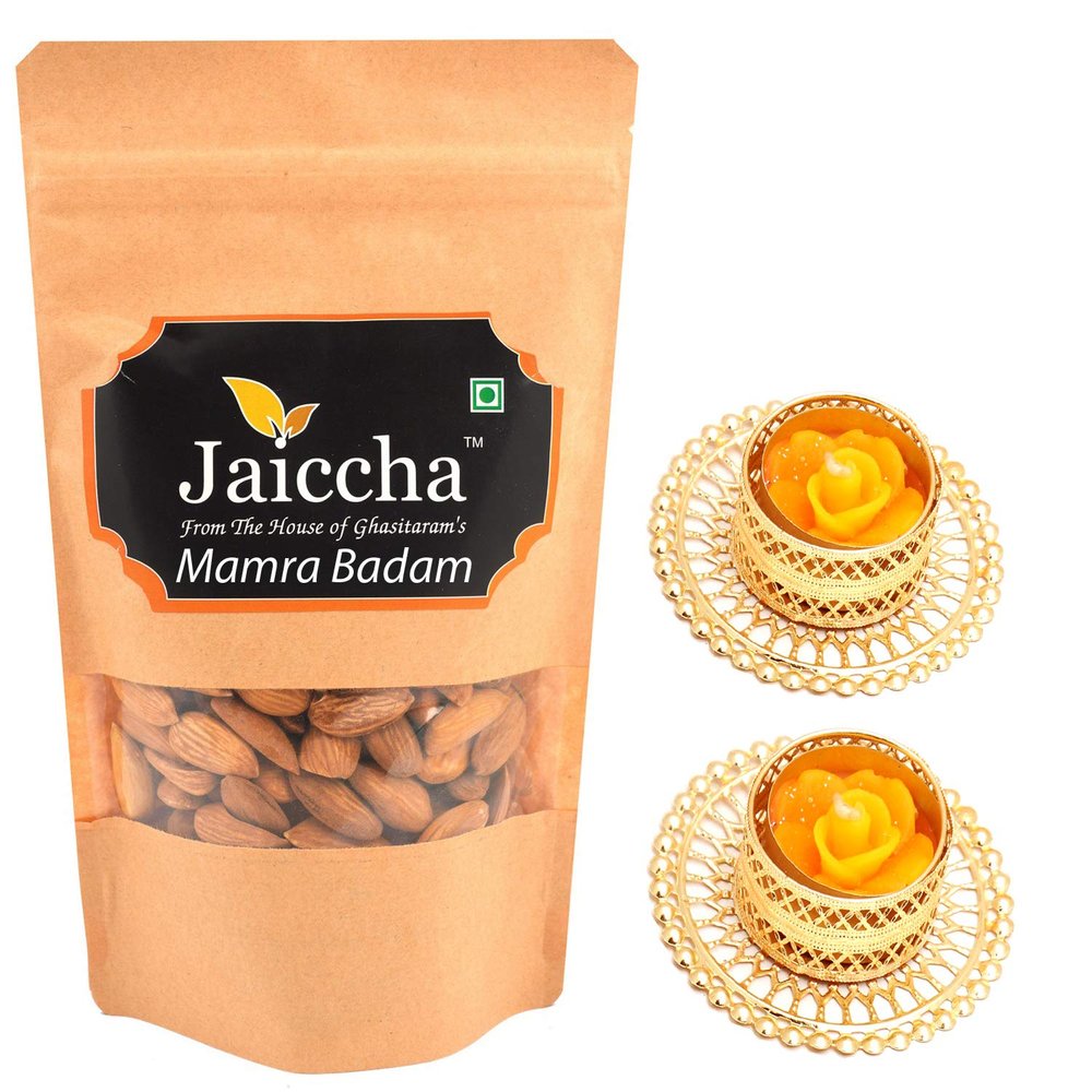 Ghasitaram Gifts Jaiccha Dryfruit - Pack of 1 Mamra Badam 200gms in Brown Paper Pouch with 2 T-Lites|Dryfruit Gift Hamper|Diwali Dry Fruit|Gourmet Hampers|Dry Fruit|Dryfruit|Dryfruit Hamper