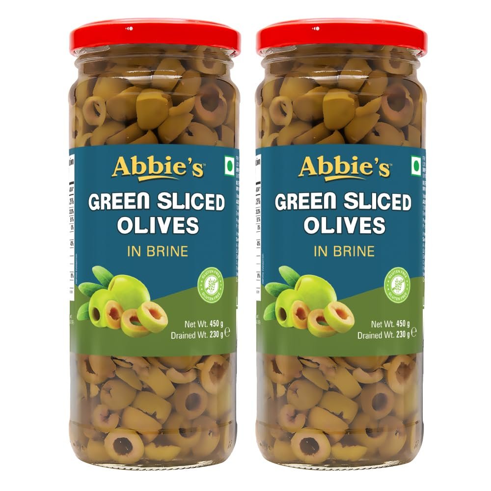 Abbie's Green Sliced Olive, 450g||Pack of 2|| for Authentic Taste in Cooking, Garnishing, Snacking, Pizzas toppings or Italian Pastas Ingredients