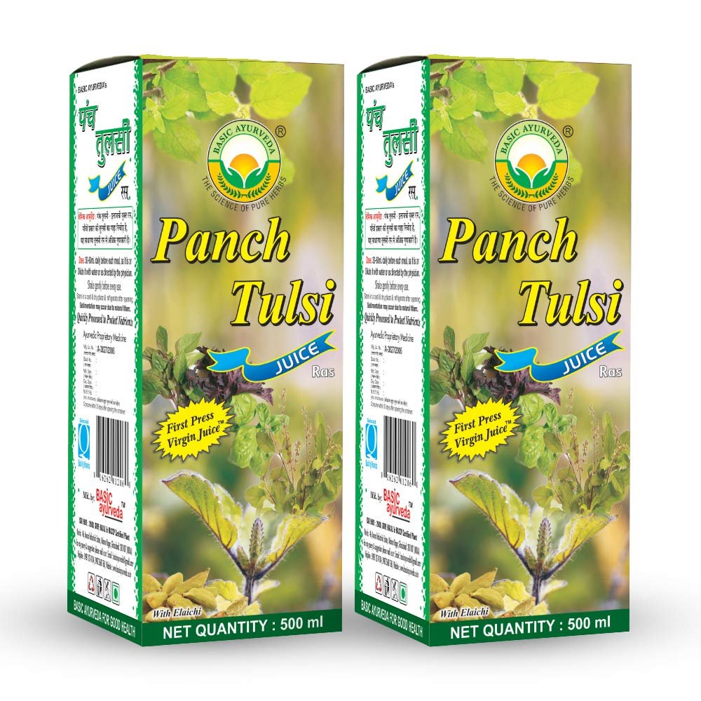Basic Ayurveda Panch Tulsi Juice (Ras) | Improve Immunity | Skin Health | Maintain Cholesterol Level | Beneficial in Stomach Problem (Panch Tulsi Juice (Ras) 500ml (Pack of 2)