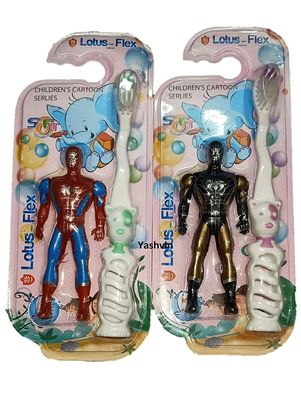 Yashvin Manual Toothbrush Designed With Soft Bristles Piece With Cartoon Design Grip Handle (Both For Girls And Boys)Free Different Color Spiderman Toys For Kids Fun Collect All Of Them|Multicolour