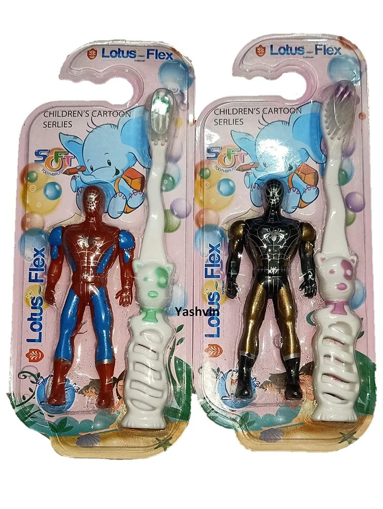 Yashvin Manual Toothbrush Designed With Soft Bristles Piece With Cartoon Design Grip Handle (Both For Girls And Boys)Free Different Color Spiderman Toys For Kids Fun Collect All Of Them|Multicolour