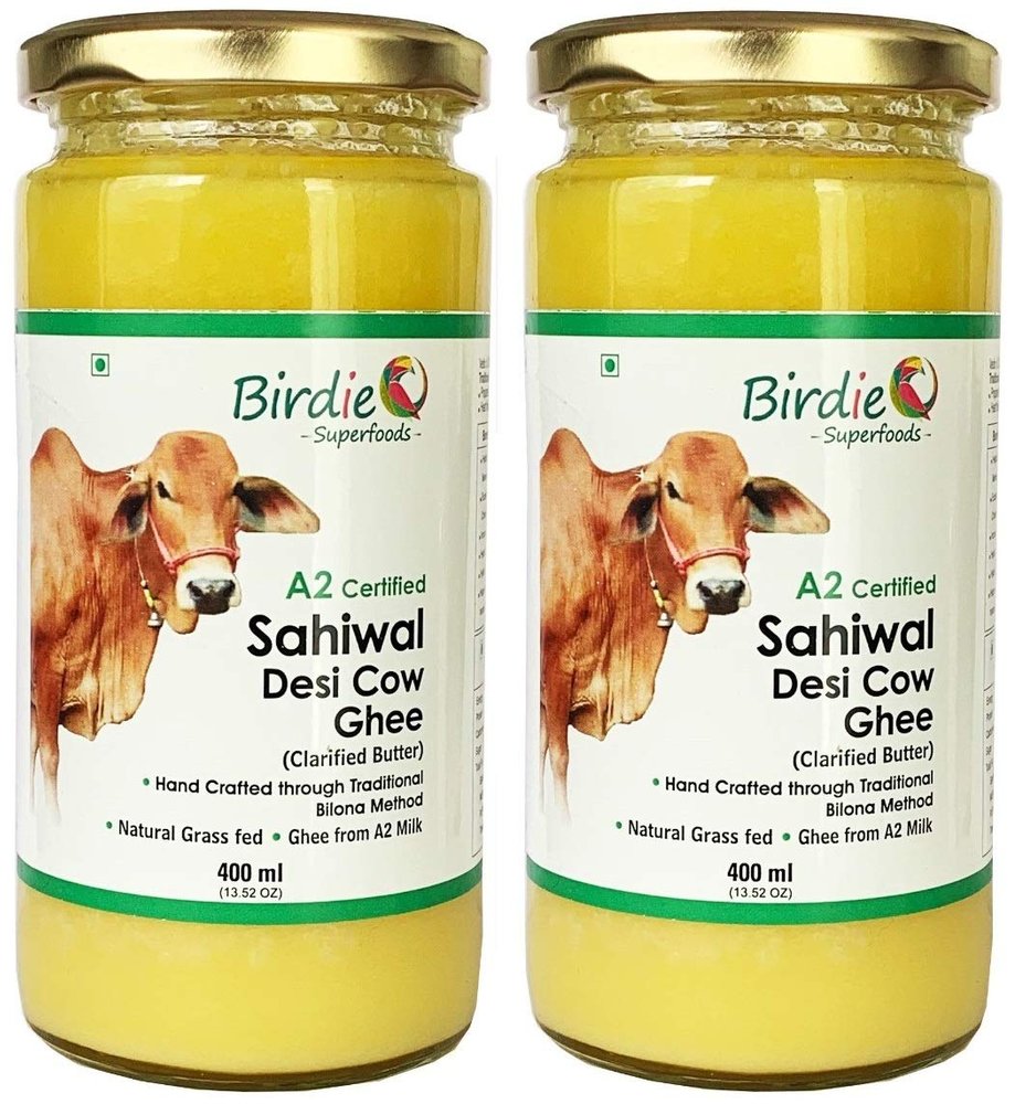 Birdie Superfoods -100% Pure A2 Milk Sahiwal Cow Desi Ghee Through Vedic Bilona Method (Glass Bottle- 400mlx2 combo)