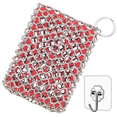 Cast Iron Cleaner,Stainless Steel Cleaner Chain Iron Scrubber with Silicone Insert,Chainmail Scrubber for Cast Iron Pans Cookware Skillet Dishwasher,Kitchen Tools Gadught (Cleaner Red)