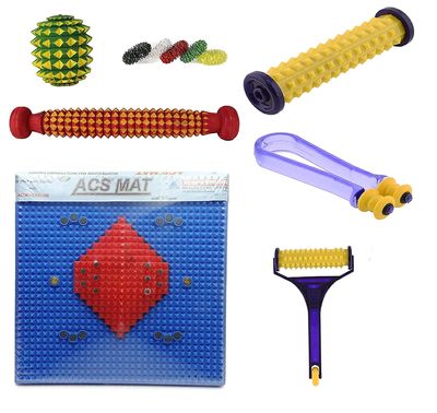 ACi Acupressure Power Mat Wooden Roller Hand and Foot Sujok Finger Rings for (Combo of 11)