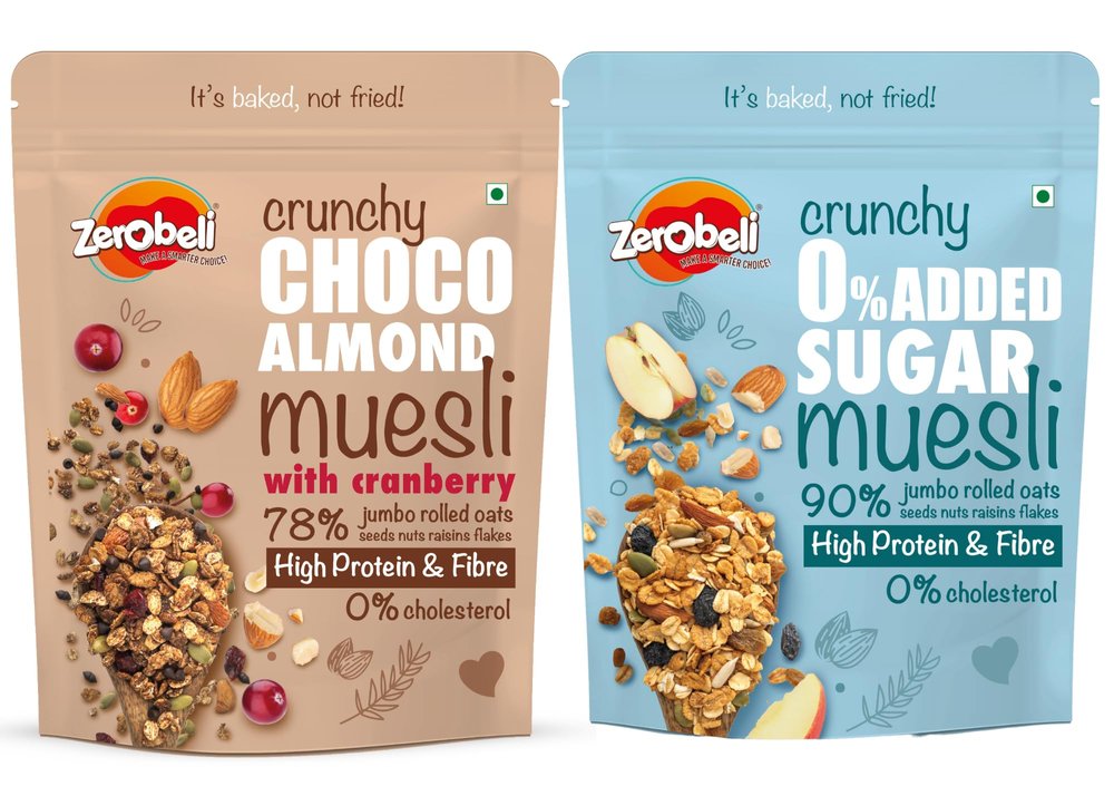 Zerobeli Muesli Combo Crunchy 0% Added Sugar & Dark Chocolate Almond, 425G Each (Pack Of 2)|100% Wholesome High In Fiber & Protein|No Refined Sugar, No Artificial Colors|Nutritious Breakfast & Snack
