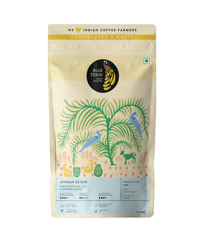 Blue Tokai Coffee Roasters Attikan Estate - Medium Dark Roast|Home Espresso Grind 500 G|Robust Flavour|100% Arabica Beans|Specialty Coffee|Freshly Roasted Ground Coffee,Bag