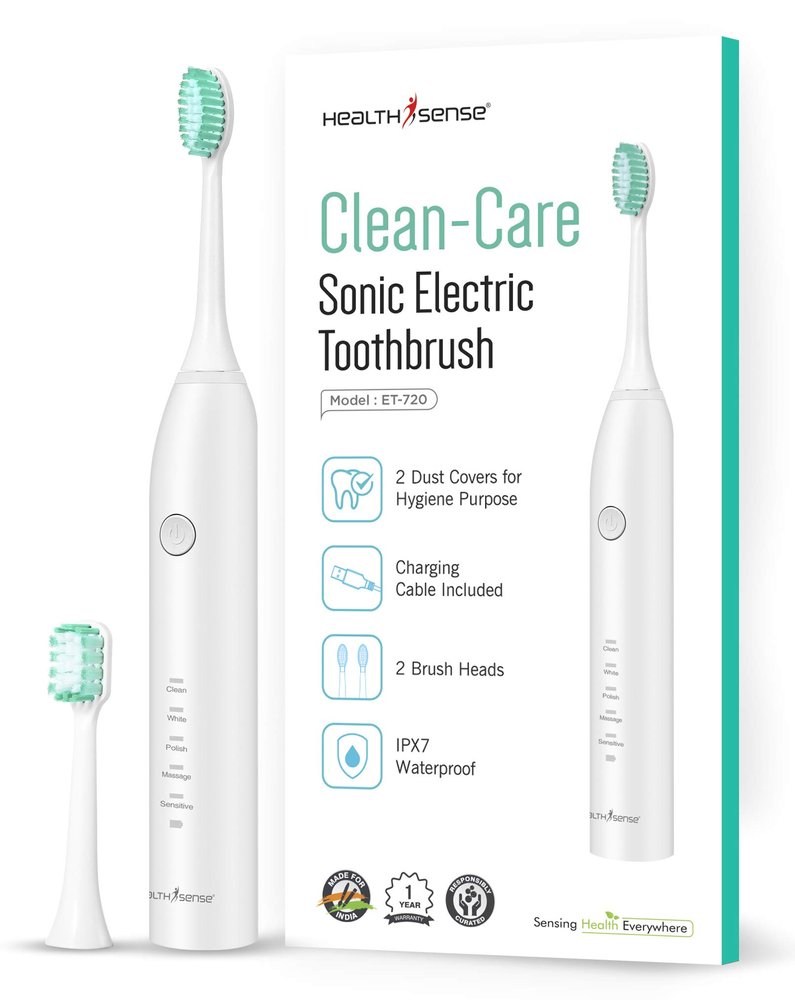 HealthSense Clean-Care ET 720 Rechargeable Sonic Electric Toothbrush with Extra Head & Dust Cover | IPX7 Waterproof & 5 Dynamic Cleaning Modes | One Year Warranty (White)