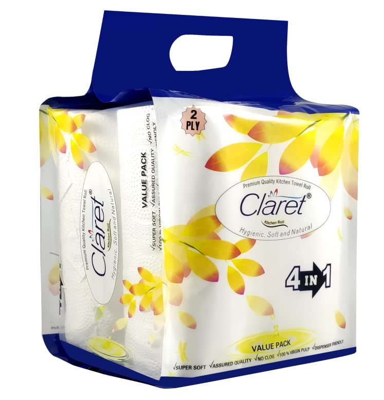 Claret Hygienic Kitchen Towel Roll - 100 Sheets (2 Ply), Soft & Natural, 4 in 1 Pack, Absorbent Paper Towel for Cleaning, Kitchen, Household Use, Multi-purpose, Strong & Durable