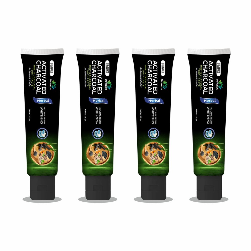 Jagat Devsutra Dr. Trusted Ayurvedic HERBAL Activated Charcoal Toothpaste for Teeth Whitening - 100% Natural Formula with Mint Flavour, No Fluoride & Artificial Colours - Pack of 4 (125g x 4)
