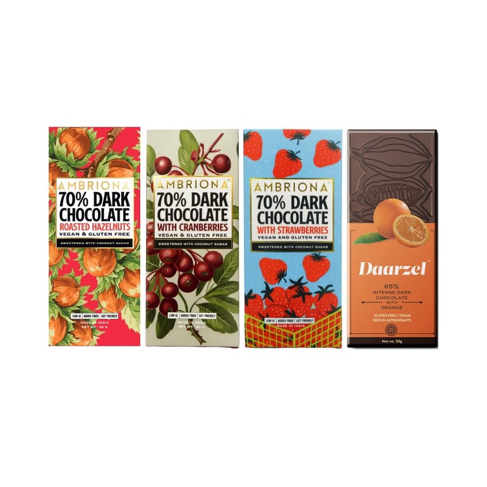 Ambriona & Daarzel Vegan Dark Chocolate Combo Pack of 4 (50g Each) | 70% Roasted Hazelnuts + 70% Cranberries + 70% Strawberries + Daarzel 65% Intense Dark Orange | Gluten Free | Sweetened with Coconut Sugar | Total 200g