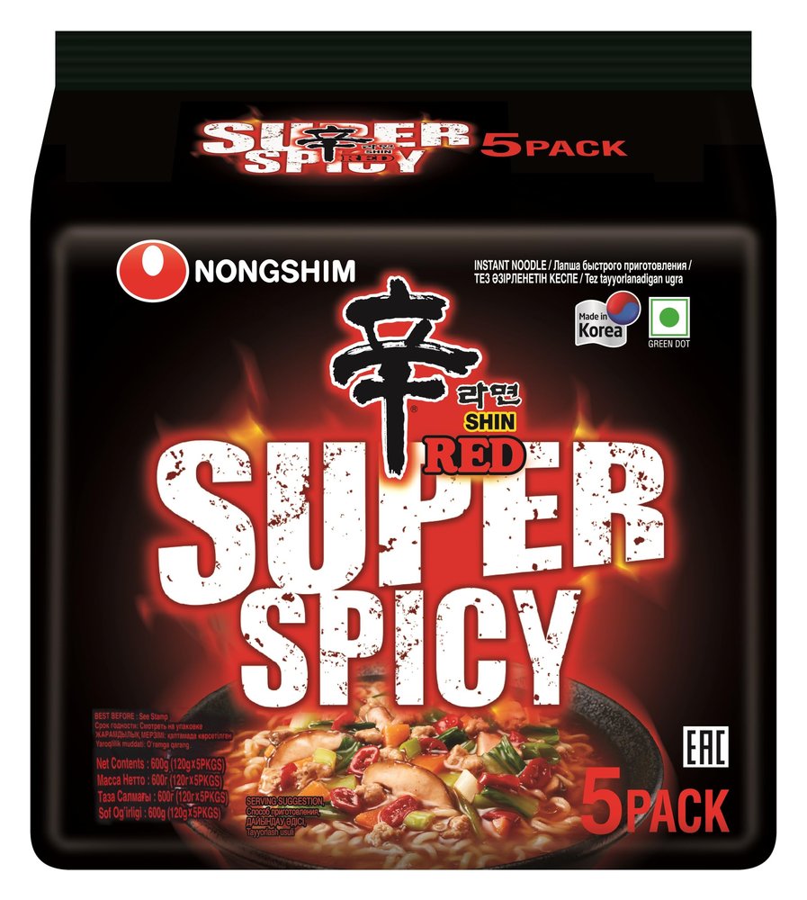 Nongshim Shin Red Super Spicy Instant Noodles, 4.23 oz  120 g, 5 Pack