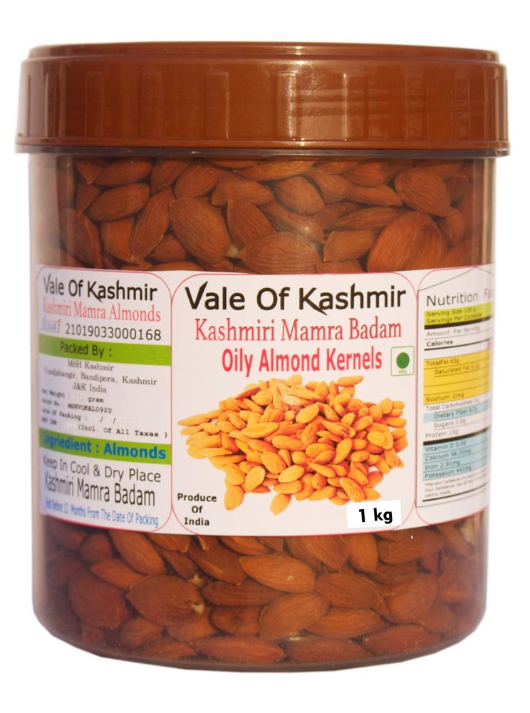 Vale Of Kashmir Kashmiri Mamra Badam Almonds 1 kg | Packed in Food Grade Jar | Oily Kashmiri Almonds | Natural Organic Kashmiri Mamro Almonds