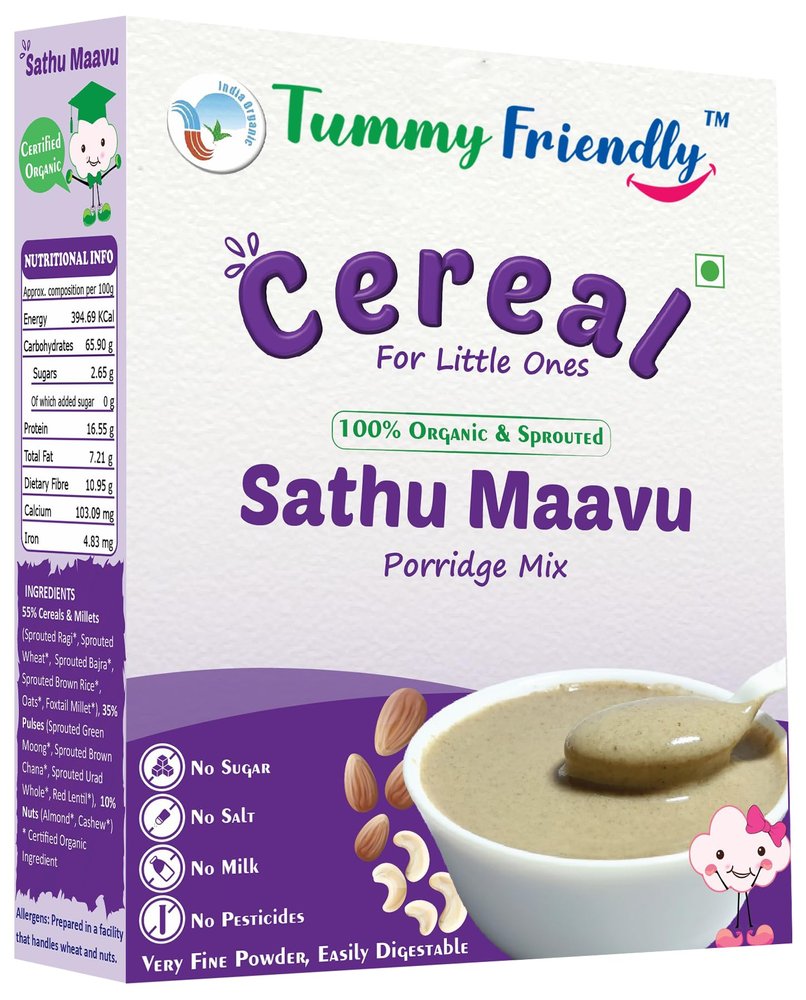 TummyFriendly Foods Certified Organic Sprouted Sathu Maavu Mix | Made of Sprouted Ragi, Whole Grains, Pulses & Nuts | Organic Baby Food For 8+ Months Baby | Rich in Protein & healthy-Fat MultiGrain Cereal Health Mix | Sattu Real Food for babies kids