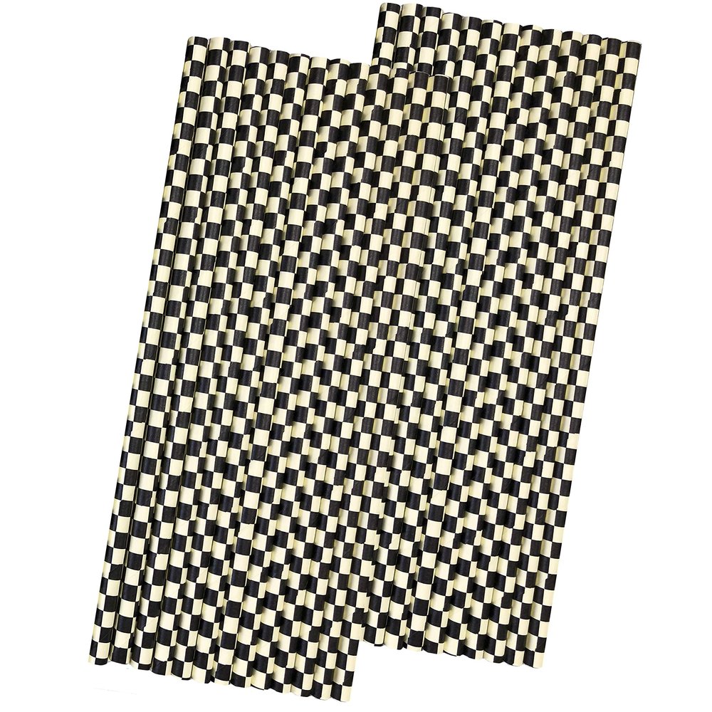 Black and White Check Paper Straws - Race Theme Checkered Flag Drinking Straws - 7.75 Inches - 50 Pack Outside the Box Papers Brand
