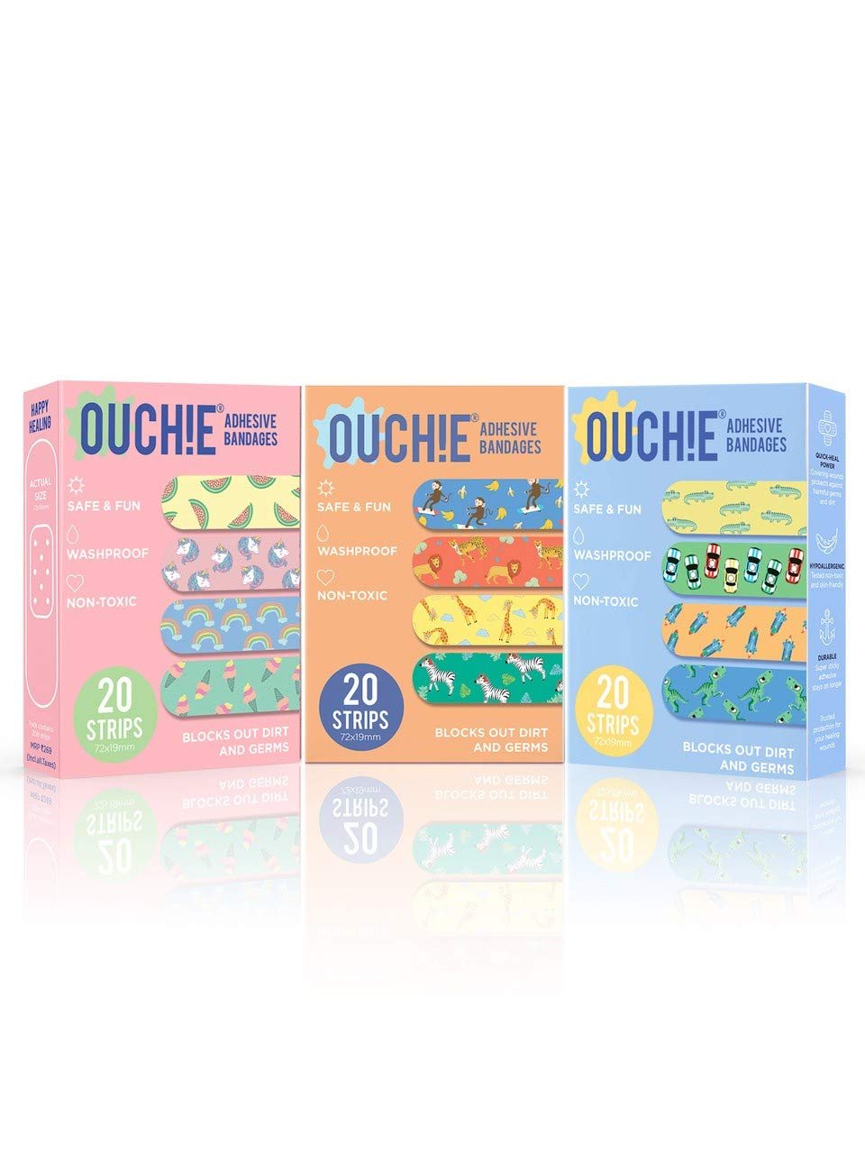 Aya Papaya Ouchie Non-Toxic Printed Bandages Triple Combo (3 X 20 = 60 Pack)
