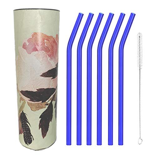 Brilliant Blue Glass Straws by Rustic Horse. Bent 8" x 9.5 mm Pack of 6 with Brush