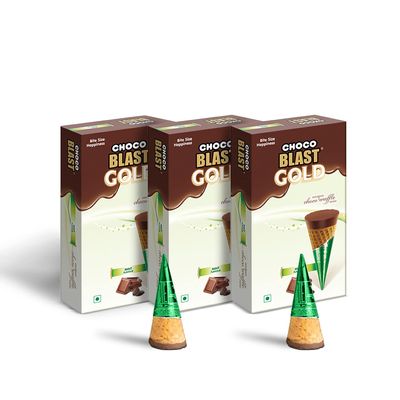 Pure Temptation Gold Chocoblast Chocolate Pack - Mint Flavour Choco Filled Waffle Cone Bites - Premium Chocolate Box for Gift - Pack of 3 - Mint (Each Pack with 10 Chocolates - 30 Pieces), 450grams