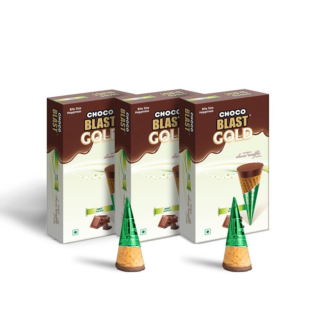 Pure Temptation Gold Chocoblast Chocolate Pack - Mint Flavour Choco Filled Waffle Cone Bites - Premium Chocolate Box for Gift - Pack of 3 - Mint (Each Pack with 10 Chocolates - 30 Pieces), 450grams