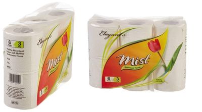 MDN MIST Ultra Soft Clean 3 Ply Toilet Tissue Paper for Bathroom Home Office Biodegradable Bath Tissue Septic-Safe Rolls (Pack of 2, 6 Roll Each)