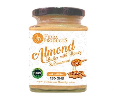 Fidra Products Creamy Almond Butter with Honey & Cinnamon | 25% Protein | Plant-Based Nutrition | 100% Almonds | Zero Additives | Vegan | Dairy Free | 100% Natural (280gm)